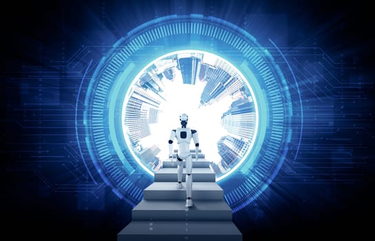 MLP 3d illustration robot humanoid walk up stair to success and goals achievement. Concept of AI thinking brain and machine learning process for the 4th fourth industrial revolution.