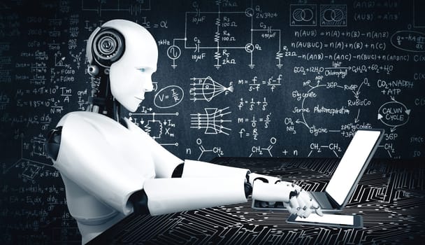 MLP 3d illustration Robot humanoid use laptop and sit at table for engineering science studying using AI thinking brain , artificial intelligence and machine learning process for 4th industrial revolution. 3D rendering