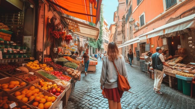 Happy young woman wear casual cloth while enjoy walking at vibrant market. Attractive beautiful girl or tourist exploring while walking at colorful city street. Recreation activity concept. AIG42.