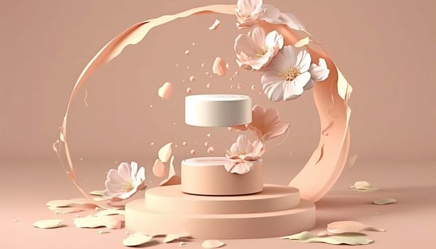 background, cosmetic product promotion podium, floral, pastel pedestal. Generative AI,