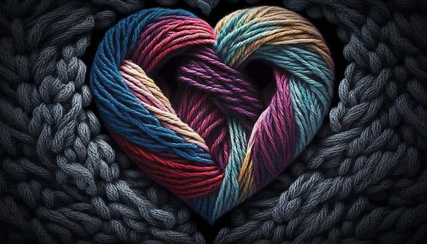 yarn for knitting multi-colored threads in the shape of hearts a lot. Generative AI,
