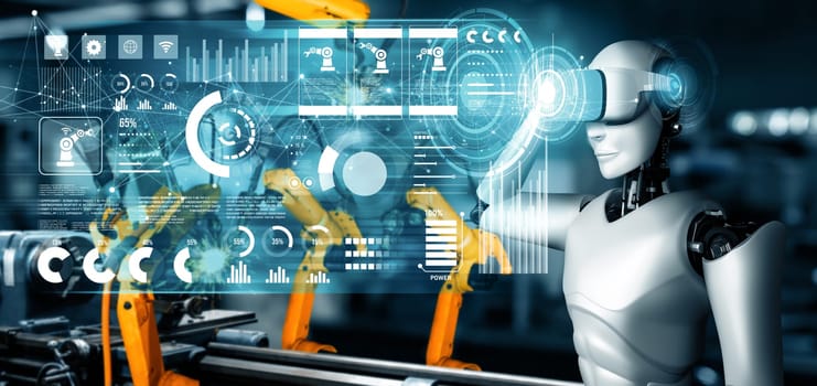 MLP Mechanized industry robot and robotic arms for assembly in factory production. Concept of artificial intelligence for industrial revolution and automation manufacturing process.