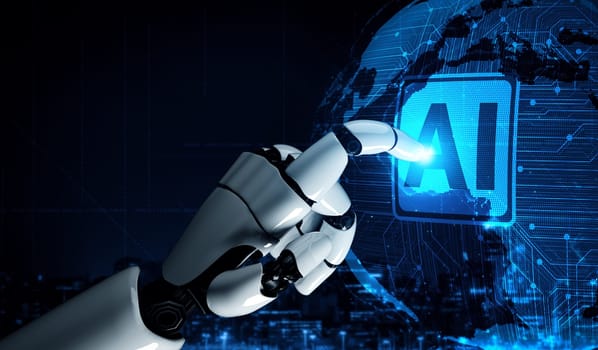 MLP 3D rendering artificial intelligence AI research of robot and cyborg development for future of people living. Digital data mining and machine learning technology design for computer brain.
