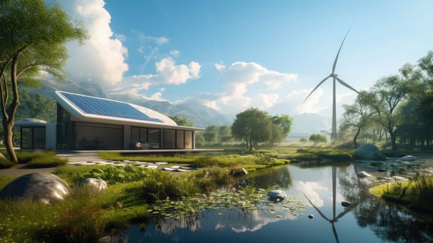 A house surrounded by natural landscape, with solar panels and wind turbines, blending art and sustainability in the modern world. AIG41