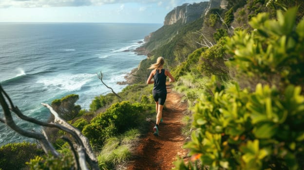 A woman enjoys leisurely running along a coastal path, surrounded by the natural landscape of ocean, sky, plants, beach, and grass. AIG41