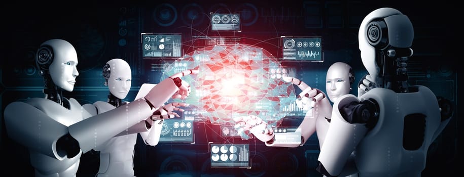 MLP 3d illustration AI humanoid robot touching virtual hologram screen showing concept of AI brain and artificial intelligence thinking by machine learning process. 3D illustration.
