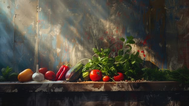Variety of fresh vegetable and spices or ingredients scattering on a black concrete background. The fruits and vegetables are arranged that makes them look fresh and healthy. Food preparation. AIG42.