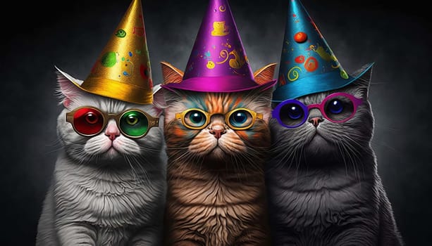 3 lucky cats in festive hats and colorful glasses. Generative AI,