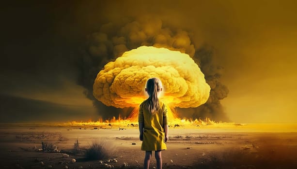 Children look at the nuclear explosion with their backs. Generative AI,