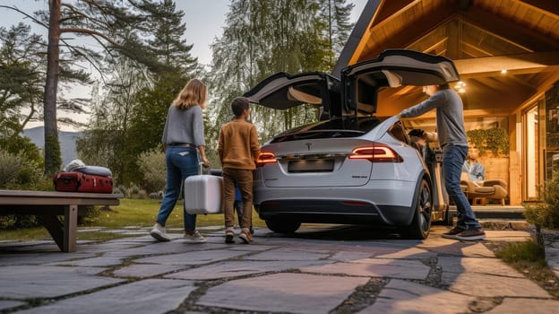 A family is loading luggage into the rear of their vehicle for a leisurely travel, surrounded by trees and plants. AIG41