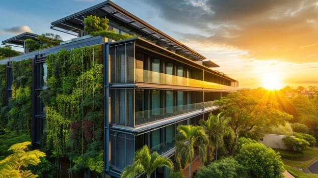 A building with solar panels, placed on a slope, against a sunset sky, creates an eco-friendly landscape. AIG41