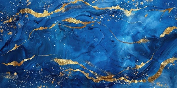 Blue and gold abstract painting with a marble-like texture. AIG51A.