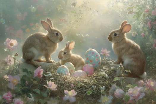 A fantasy garden with cute rabbit family staying together at nest with easter egg in spring season. The wild buunny family with big ear at green forest with sun shine on the ground. Easter egg. AIG42.