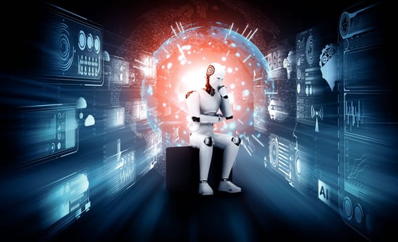 MLP 3d illustration Thinking AI humanoid robot analyzing hologram screen shows concept of network global communication using artificial intelligence by machine learning process. 3D illustration computer graphic.