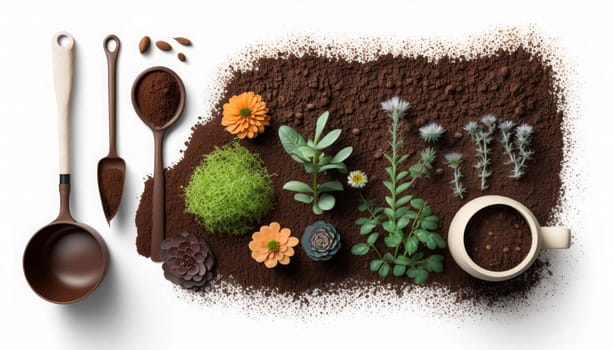 Soil on white background plants and flowers grow layout, garden accessories, watering can, shovel, rake. Generative AI,