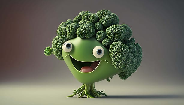 Cute broccoli 3D cartoon character. Generative AI,