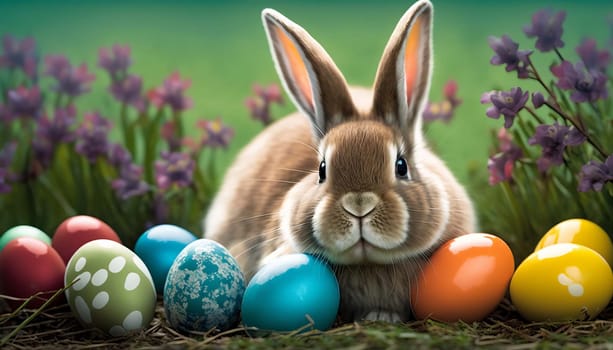 bunny with easter eggs. Generative AI,