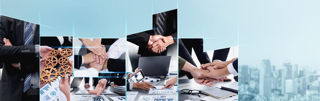 Teamwork and human resources HR management technology concept in corporate business with people group networking to support partnership, trust, teamwork and unity of coworkers in office vexel