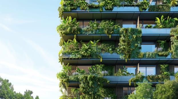 Architectural detail of an eco-friendly residential building with balconies lush with integrated greenery and sustainable design. AIG41