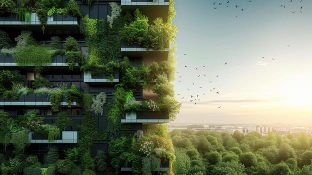 A building adorned with lush greenery, numerous balconies, and towering trees, harmonizing urban design with nature's touch in the cityscape. AIG41