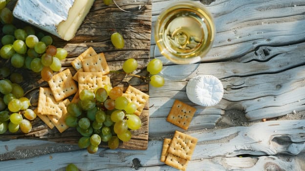 A wooden table displaying a delicious recipe with ingredients such as cheese, grapes, crackers, and a glass of wine. A natural foods dish showcasing the beauty of plantbased cuisine AIG50