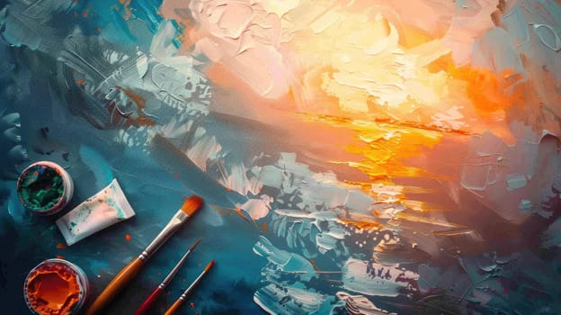 An art piece of a sunset displayed on canvas with paint tubes and brushes on a table. The colors include electric blue, resembling automotive exterior, against a building backdrop reflecting on water AIG50