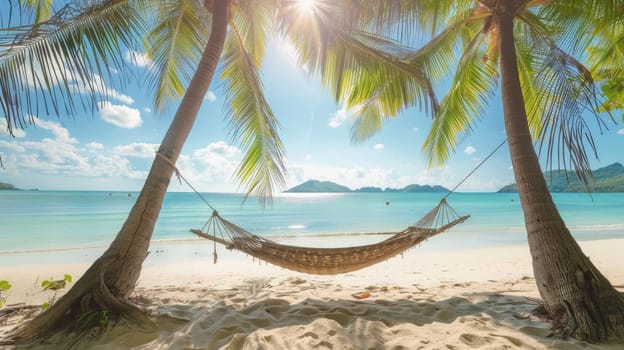 A hammock is swaying between two tall palm trees on a sandy beach, overlooking the crystalclear water and blue sky. The natural landscape is serene and perfect for relaxation AIG50
