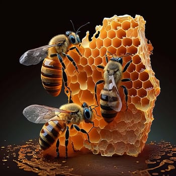 Bees on honeycomb with honey. Generative AI,