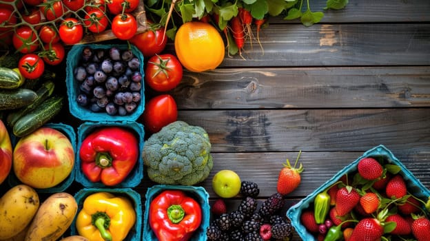 A wooden table adorned with a colorful array of fruits and vegetables, showcasing local food ingredients for wholesome recipes and natural whole foods AIG50