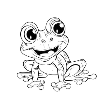 A cartoon drawing of a happy true frog with big eyes, smiling widely. The black and white illustration captures the vertebrates joyful gesture