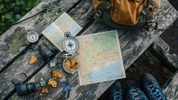 A wooden table is set with a delicious spread of food and a map, creating the perfect setting for planning a culinary road trip adventure AIG50