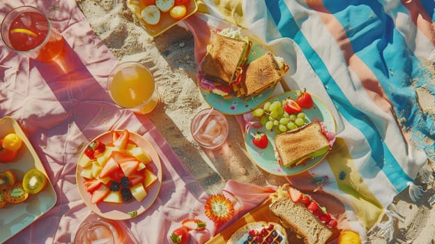 An electric blue picnic table adorned with plates of food and drinks, creating a visual art piece resembling a painted pattern drawing under a glass ceiling at a circle event AIG50