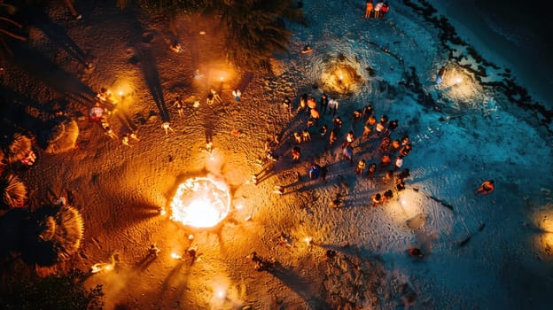A circle of people gathers around a fire, seeking heat and comfort in the snowy landscape. The darkness enhances the art of the flames, creating a symmetrical and mesmerizing scene AIG50