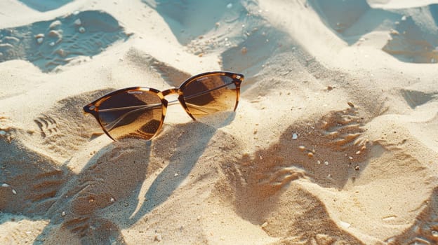 A fashionable pair of sunglasses made of transparent material sits atop a pile of sand on a beach, providing vision care and protection from the bright sunlight AIG50