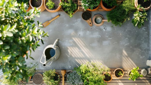 A table adorned with potted plants, gardening tools, and surrounded by lush greenery creates a tranquil and inviting atmosphere AIG50
