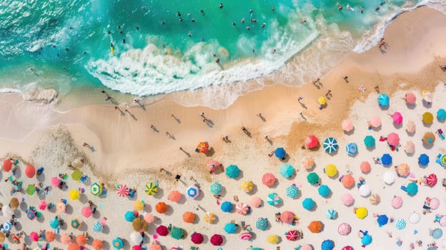 A birdseye view of a sandy beach adorned with colorful umbrellas, people enjoying the sun and water, against a backdrop of a vast blue sky AIG50