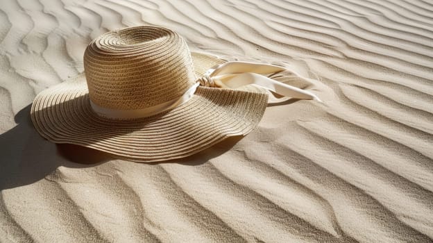 A straw hat rests on a sandy beach, blending in with the natural landscape composed of soil, wood, and aeolian landforms. Terrestrial animals and wildlife may be seen in this macro photography scene AIG50
