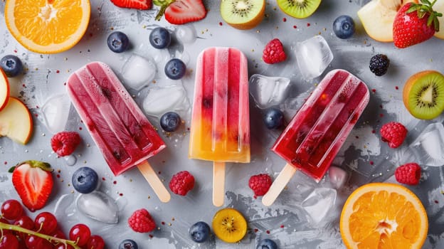 A colorful rectangle of natural foods art, featuring a dish of popsicles made with strawberries and blueberries as key ingredients in a refreshing peach cuisine recipe AIG50