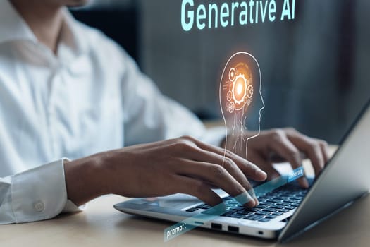 Human interact with AI artificial intelligence brain processor in concept of AI artificial intelligence engineering, big data and AI machine learning to use generative AI for business support. Faas