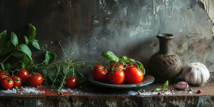 Variety of fresh vegetable and spices or ingredients scattering on a black concrete background. The fruits and vegetables are arranged that makes them look fresh and healthy. Food preparation. AIG42.