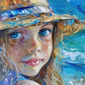 An art painting depicting a young girl with a bright orange hat at the beach, showcasing delicate features like her nose, lips, chin, eyebrows, and eyelashes AIG50