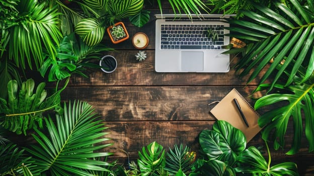 A laptop, a notebook, and oranges are placed among tropical leaves, enhancing the lively ambiance with vibrant colors of flowers and terrestrial plants AIG50
