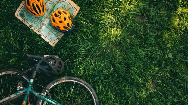 A bicycle, helmet, and map are scattered in the grass, surrounded by the peaceful sounds of nature. A wheel and tire peek out from beneath the foliage AIG50