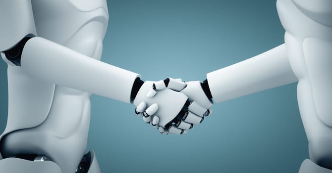 MLP 3d illustration humanoid robot handshake to collaborate future technology development by AI thinking brain, artificial intelligence and machine learning process for 4th industrial revolution.
