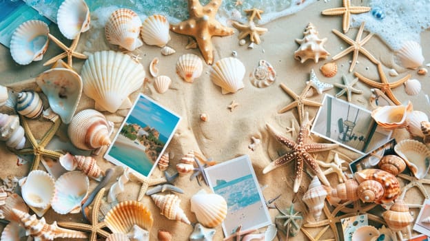 On the beach, a hat, sunglasses, seashells, starfish, and photos are scattered on the sand. The aqua water creates a stunning landscape for leisure and fun events AIG50