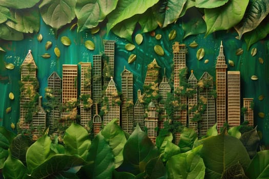 A photo of a miniature city made of wood and paper surrounded by lush green leaves on a green background. AIG51A.