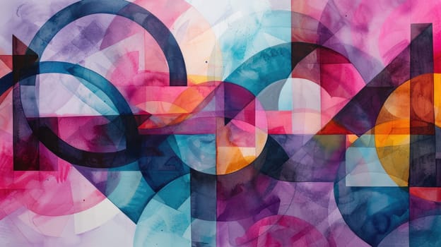 A colorful abstract painting with geometric shapes. The colors are bright and bold, including blues, greens, yellows, and reds. The geometric shapes include squares, rectangles, and circles. AIG42.