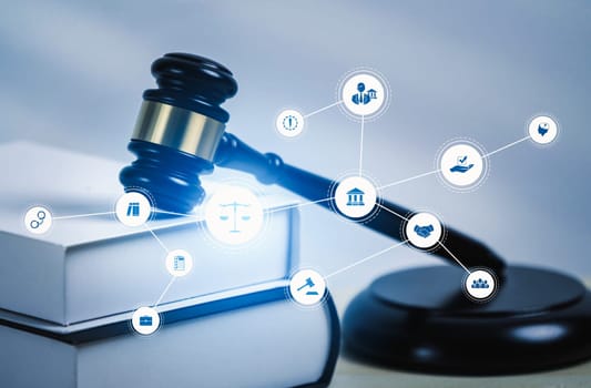 Smart law, legal advice icons and lawyer working tools in the lawyers office showing concept of digital law and online technology of savvy law and regulations .