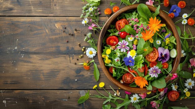 A colorful salad bowl decorated with edible flowers sits on a rustic wooden table, creating a beautiful and artistic display of natures bounty AIG50