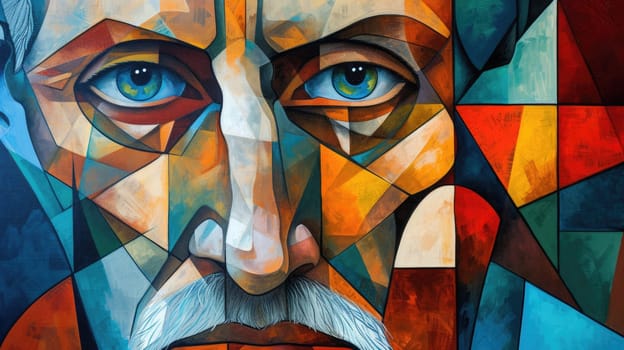 An abstract portrait of middle aged people with wrinkle on face in cubism art. Close up fashionable old man with vibrant color and artistic creative geometric shape. Focus on face concept. AIG42.